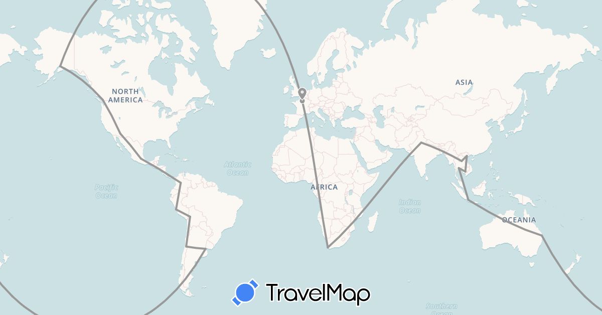 TravelMap itinerary: driving, plane in Argentina, Australia, Bolivia, Canada, Chile, Colombia, France, Indonesia, India, Cambodia, Laos, Mexico, Peru, Thailand, United States, Vietnam, South Africa (Africa, Asia, Europe, North America, Oceania, South America)